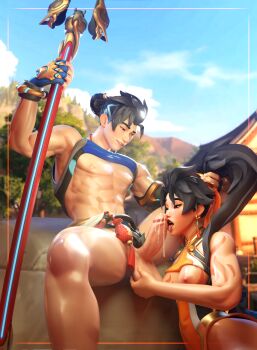 1boy 1girl 3d abs anran_(overwatch) black_hair body_markings boulder breasts brother_and_sister clothes_lift cum ear_piercing earrings fellatio gloves grabbing_another's_hair hetero holding_another's_hair incest jewelry licking licking_penis nipples oral overwatch penis piercing ponytail poseidonxcomics shirt_lift siblings sitting staff_(weapon) testicles wuyang_(overwatch)