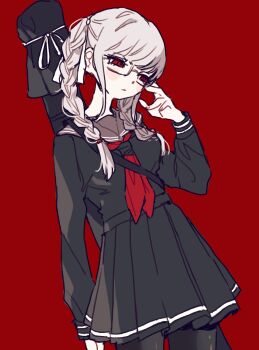 1girl absurdres black_pantyhose black_serafuku black_shirt black_skirt braid cowboy_shot danganronpa_(series) danganronpa_2:_goodbye_despair glasses gohanysu highres long_hair long_sleeves neckerchief pantyhose pekoyama_peko pleated_skirt red_background red_eyes red_neckerchief sailor_collar school_uniform serafuku shirt simple_background skirt solo twin_braids white_hair