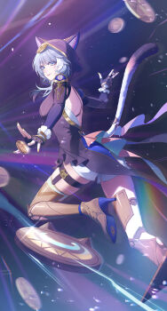 1girl absurdres animal_ears black_hood blue_eyes boots cat_ears cat_tail cipher_(honkai:_star_rail) coin commentary english_commentary fingerless_gloves from_side gloves grey_hair high_heel_boots high_heels highres holding holding_coin honkai:_star_rail honkai_(series) tail thigh_strap tongue tongue_out vynz_9 yellow_nails