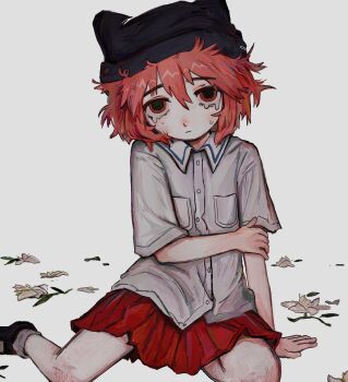 1girl absurdres beanie black_hat black_shoes bruise closed_mouth collared_shirt commentary elfen_lied english_commentary expressionless fffkorobka grey_background hair_between_eyes hat highres injury looking_at_viewer lucy_(elfen_lied) messy_hair pleated_skirt red_eyes red_hair red_skirt shirt shoes short_hair simple_background skirt socks solo white_shirt white_socks