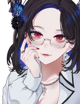 Rule 34 | 1girl, absurdres, black hair, blue hair, breasts, cleavage, collared shirt, demon horns, earrings, flower, gold ring, hand up, higeji (higeji404), highres, hololive, hololive english, horn flower, horns, jewelry, large breasts, looking at viewer, mole, mole under eye, necklace, nerissa ravencroft, nerissa ravencroft (casual), official alternate costume, official alternate hair length, official alternate hairstyle, red eyes, shirt, simple background, solo, virtual youtuber, white background, white shirt