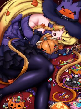 1girl adansosutega autumn_leaves bare_shoulders black_bow black_dress black_gloves black_hat black_pantyhose blonde_hair blush bow candy closed_eyes dress elbow_gloves fang food frilled_dress frilled_gloves frills gloves gradient_hair halloween halloween_bucket halloween_costume hat highres jack-o&#039;-lantern jack-o&#039;-lantern_(kemono_friends) japari_symbol kemono_friends kemono_friends_3 leaf lying multicolored_hair official_alternate_costume on_side open_mouth orange_hair pantyhose plant_hair purple_dress sleeveless solo spaghetti_strap witch witch_hat
