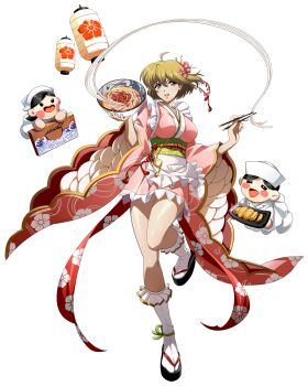 1girl :d =_= ahoge apron black_sandals blonde_hair blush blush_stickers bowl breasts brown_eyes chibi chopsticks floating floating_clothes floating_object floral_print floral_print_kimono flower food frilled_apron frilled_kimono frills full_body game_cg hair_between_eyes hair_flower hair_ornament highres holding holding_bowl holding_chopsticks holding_food holding_sign holding_tray holding_with_chopsticks japanese_clothes kimono langrisser langrisser_iii langrisser_mobile lantern large_breasts leg_up legs long_sleeves looking_at_viewer maid mixed_maids noodles obi obijime official_alternate_costume official_art okobo open_mouth paper_lantern pink_flower pink_kimono platform_sandals print_kimono ramen sandals sash second-party_source short_hair short_kimono sign simple_background smile socks solo_focus sophia_(langrisser) standing standing_on_one_leg tabi tachi-e tassel transparent_background tray wa_maid waist_apron white_apron white_socks wide_sleeves