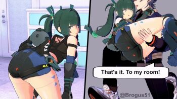 1boy 1girl android animated animated_gif armlet ass ass_shake black_gloves black_shorts braid brogus carrying carrying_person elbow_gloves fingerless_gloves gloves green_eyes green_hair hair_bobbles hair_ornament jewelry loli long_hair open_mouth police police_uniform policewoman presenting presenting_ass qingyi_(zenless_zone_zero) short_shorts shorts thighs twerking twintails very_long_hair wise_(zenless_zone_zero) zenless_zone_zero