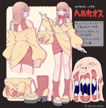 Rule 34 | 1boy, 1girl, artist name, asymmetrical clothes, asymmetrical dress, bag, bald, black eyes, blood, blue eyes, blue sclera, boots, bow, breasts, broken tooth, brown hair, character name, cleavage, colored sclera, commentary, copyright name, cosplay, creepy, cropped legs, dress, frilled dress, frills, full body, grid background, halter dress, halterneck, hand up, handbag, heart, hell chaos, hell chaos (cosplay), highres, holding, holding bag, jewelry, long hair, long sleeves, melting, multicolored boots, multiple views, nail polish, nose, off-shoulder dress, off shoulder, open mouth, pinky out, puffy sleeves, red boots, red bow, red dress, red nails, shira neri, sidelocks, sleeveless, sleeveless dress, sleeves past wrists, smile, splatterhouse, standing, teeth, translated, two-tone boots, two-tone bow, yellow bag, yellow boots, yellow bow, yellow dress