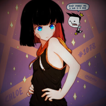 1boy 1girl artist_name artist_self-insert bare_shoulders black_dress black_hair black_hoodie blue_eyes blunt_bangs blunt_ends blush_stickers bob_cut breasts character_name chloe_(srgrafo) colored_inner_hair commentary crown drawstring dress english_commentary english_text fairy fairy_wings floating_hat flying frown hands_on_own_hips hatching_(texture) holding holding_wand hood hood_down hoodie long_hoodie looking_ahead mini_crown multicolored_hair no_bra open_mouth orange_background orange_hood original purple_background red_hair signature sleeveless sleeveless_dress sleeveless_hoodie small_breasts solo_focus srgrafo standing star_wand talking teeth upper_body upper_teeth_only v-shaped_eyebrows vignetting wand wings