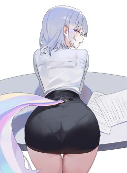 1girl absurdres ass ayatsuno_yuni bent_over black_skirt clothing_cutout commentary_request cowboy_shot desk from_behind high-waist_skirt highres horse_tail korean_commentary looking_at_viewer looking_back medium_hair nbee_ya office_lady open_mouth pantylines paper pencil_skirt profile purple_eyes shirt shirt_tucked_in sidelocks simple_background skirt solo stellive tail tail_through_clothes thigh_gap thighs virtual_youtuber white_background white_hair white_shirt