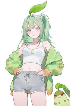 1girl absurdres bare_shoulders blush breasts chikorita cleavage collarbone commentary_request cowboy_shot crop_top fingernails gen_2_pokemon green_hair green_jacket green_nails grin hair_ornament hands_on_own_hips highres jacket long_hair long_sleeves looking_at_viewer medium_breasts midriff nail_polish navel nbee_ya nintendo off_shoulder open_clothes open_jacket paw_print pokemon pom_pom_(clothes) pom_pom_hair_ornament print_tank_top purple_eyes shirt short_shorts shorts sidelocks simple_background smile solo stellive tank_top thighs v virtual_youtuber white_background white_shirt white_tank_top yuzuha_riko