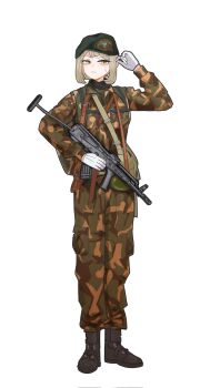 1girl adjusting_hair akm akms amd-65 assault_rifle backpack bag beret black_boots black_hat blonde_hair boots camouflage camouflage_bag camouflage_jacket camouflage_pants canteen combat_boots folded_stock gloves gulyas gun gun_sling hat highres hungarian_army hungarian_people's_army hungarian_people's_republic hungary jacket kalashnikov_rifle load_bearing_equipment military military_combat_uniform military_uniform original pants paratrooper rifle short_hair shoulder_bag sidelocks soldier standing sweatdrop v-shaped_eyebrows vertical_forward_grip weapon white_background white_gloves woodland_camouflage yellow_eyes