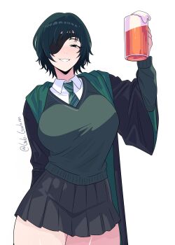 Rule 34 | 1girl, absurdres, alcohol, beer, black hair, black robe, breasts, chainsaw man, cowboy shot, cup, eyepatch, gratam, green robe, green sweater, grin, harry potter (series), highres, himeno (chainsaw man), holding, holding cup, large breasts, necktie, pleated skirt, robe, shirt, short hair, skirt, slytherin, smile, solo, standing, sweater, thighs, two-tone robe, white background, white shirt, wizarding world