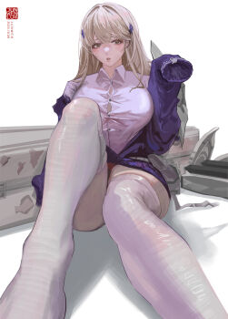 1girl artist_name belt_pouch blonde_hair blush breasts brown_eyes button_gap case cleavage collared_shirt dated goddess_of_victory:_nikke hair_intakes hair_ornament highres jacket junwen_lululu knee_up large_breasts long_hair long_sleeves off-shoulder_jacket off_shoulder parted_lips pencil_skirt pouch puffy_sleeves purple_jacket shirt sitting skirt sleeves_past_fingers sleeves_past_wrists solo strap thighhighs tia_(nikke) watermark white_shirt white_thighhighs