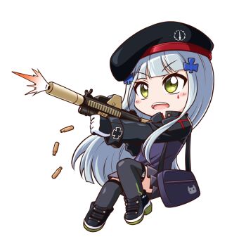 1girl bag belt black_belt black_jacket black_shoes black_thighhighs blue_hair blunt_bangs blush blush_stickers casing_ejection chibi commentary commentary_typo eotech firing full_body girls&#039;_frontline gloves green_eyes hk416_(girls&#039;_frontline) jacket jiwon_(sj1) long_hair long_sidelocks long_sleeves multicolored_jacket open_mouth pleated_skirt purple_jacket purple_skirt shell_casing shoes shoulder_bag sidelocks simple_background skirt solo suppressor tattoo teardrop_tattoo teeth thighhighs two-tone_jacket upper_teeth_only very_long_hair white_background white_gloves