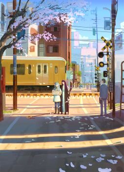 1boy 2girls black_coat black_robe blue_sky blunt_bangs building capelet cherry_blossoms city coat commentary day denis_istomin dress elf english_commentary fern_(sousou_no_frieren) frieren grey_hair holding holding_map holding_staff mage_staff map multiple_girls outdoors people pointy_ears power_lines purple_hair railroad_crossing railroad_tracks road robe scenery sky skyline sousou_no_frieren staff standing straight_hair street sunlight train tree urban utility_pole white_capelet white_dress wide_shot