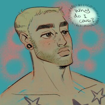 1boy ? aqua_background beard_stubble blonde_hair bridge_piercing brown_eyes bubble_background buzz_cut chest_tattoo colin_jones_(skcd_loen) commentary english_text face_piercing facial_hair freckles hashtag-only_commentary looking_ahead original piercing pink_background plug_(piercing) portrait short_hair sideburns_stubble skcd_loen sketch speech_bubble star_(symbol) star_tattoo stubble tattoo thick_eyebrows thought_bubble two-tone_background very_short_hair