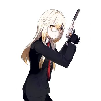 Rule 34 | 1girl, absurdres, agent 47, agent 47 (cosplay), black gloves, black pants, black suit, blonde hair, closed mouth, collared shirt, colored tips, commission, cosplay, formal clothes, glasses, gloves, gun, handgun, highres, holding, holding gun, holding weapon, indie virtual youtuber, kanna yanagi, long hair, m1911, mineta naoki, multicolored hair, necktie, pants, red necktie, second-party source, semi-rimless eyewear, shirt, short eyebrows, skeb commission, suit, suppressor, virtual youtuber, weapon, white background, white hair, white shirt, yellow eyes