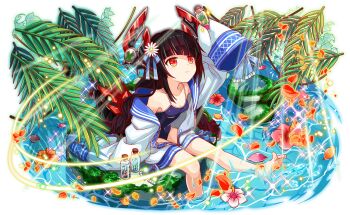 aqua_collar aqua_ribbon artist_request asymmetrical_bangs asymmetrical_sidelocks bare_legs bare_shoulders barefoot black_hair blue_one-piece_swimsuit blunt_bangs bolt_(hardware) bottle braid breasts cel_shading closed_mouth collar collarbone collared_jacket competition_school_swimsuit crash_fever flower flower_on_liquid full_body game_cg hair_flower hair_ornament hair_ribbon hibiscus hibiscus_petals holding holding_bottle jacket jacket_ribbon light_particles light_rays long_hair long_sidelocks long_sleeves looking_at_object low-braided_long_hair low-tied_long_hair mechanical_ears mechanical_tail moss number_print numbered official_art one-piece_swimsuit outdoors outline palm_leaf partially_submerged petals petals_on_liquid red_eyes red_outline ribbon school_swimsuit shadow sidelocks sitting sleeve_ribbon sleeves_past_fingers sleeves_past_wrists small_breasts smile soles solo sparkle splashing square square_print striped_collar sunbeam sunlight swimsuit tachi-e tail third-party_source transparent_background twin_braids very_long_hair walker_(crash_fever) water water_drop white_flower white_jacket white_sleeves wide_sleeves