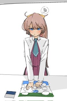 1girl aqua_necktie blue_eyes brown_hair dress gradient_hair hair_ribbon halter_dress halterneck highres jacket kantai_collection kazagumo_(kancolle) kazagumo_kai_ni_(kancolle) multicolored_hair necktie ponytail purple_dress ribbon solo spoken_squiggle squiggle tsuru_(thunder_tsuru) white_jacket