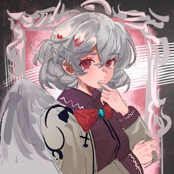 1girl angel_wings arm_across_waist blue_gem bow bowtie braid closed_mouth collared_shirt crossed_bangs expressionless finger_to_own_chin gem grey_hair grey_jacket grey_wings hair_between_eyes half_up_braid hashtag-only_commentary highres inset_border jacket kishin_sagume kouyicha long_sleeves looking_at_viewer open_clothes open_jacket purple_shirt red_bow red_bowtie red_eyes shirt short_hair single_wing solo touhou upper_body wings