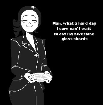 1girl black_hair blush breasts closed_eyes closed_mouth curly_hair drill_hair drill_ponytail female female_focus formal_clothes glass_shards greyscale imscared jacket lapel_pin lapels monochrome plate restorer_(imscared) small_breasts smile suit suit_jacket text_background tobby