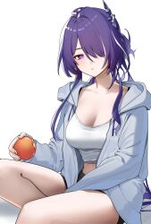 Rule 34 | 1girl, acheron (honkai: star rail), ahoge, alternate costume, black shorts, blue nails, breasts, cleavage, closed mouth, collarbone, commentary, crop top, diamond-shaped pupils, diamond (shape), english commentary, food, fruit, hair intakes, hair ornament, hievasp, highres, holding, holding food, holding fruit, honkai: star rail, honkai (series), hood, hoodie, large breasts, long hair, looking at viewer, multicolored hair, nail polish, open clothes, open hoodie, peach, purple eyes, purple hair, shirt, short shorts, shorts, simple background, sitting, solo, streaked hair, symbol-shaped pupils, white background, white hoodie, white shirt
