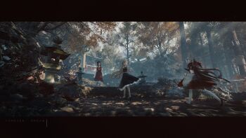 Rule 34 | 3girls, absurdres, aged up, ahoge, alternate hair length, alternate hairstyle, architecture, ascot, autumn leaves, bandaze, black hair, black shoes, black skirt, black vest, blonde hair, bow, brown hair, commentary request, dappled sunlight, day, detached sleeves, east asian architecture, ex-rumia, fern, flats, forest, frilled bow, frills, hair bow, hair tubes, hakurei reimu, highres, leaf, letterboxed, long hair, long sleeves, looking at another, moss, motion blur, multiple girls, nature, no socks, osana reimu, outdoors, pantyhose, path, red bow, red shoes, red skirt, ribbon-trimmed sleeves, ribbon trim, road, rock, rope, rumia, running, scenery, sendai hakurei no miko, sendai hakurei no miko (osana reimu), shirt, shoes, sidelocks, skirt, skirt set, stairs, standing, stone lantern, sunlight, torii, touhou, tree, very long hair, vest, white pantyhose, white shirt, white sleeves, wide sleeves, yellow ascot