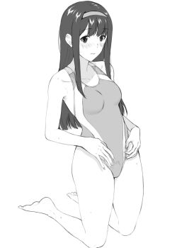 1girl bare_arms bare_legs barefoot blush breasts commentary_request competition_swimsuit full_body greyscale hairband idolmaster idolmaster_million_live! kirihara_you kneeling long_hair looking_at_viewer monochrome one-piece_swimsuit parted_lips simple_background solo straight_hair swimsuit tanaka_kotoha white_background