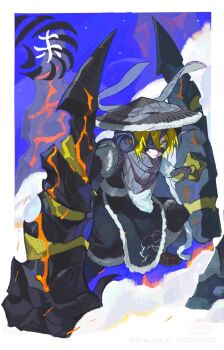 1girl ajirogasa animal_print blonde_hair blue_background closed_mouth commentary conical_hat don_quixote_(project_moon) full_body goat_horns grey_scarf hair_between_eyes hat heishou_pack-wei_branch_(identity)_(project_moon) highres horns limbus_company looking_at_viewer project_moon rectangular_pupils rice_hat scarf sheep_girl sheep_horns sheep_print short_hair solo squatting symbol-only_commentary tonfa weapon white_background wool yellow_eyes yuriyaki003