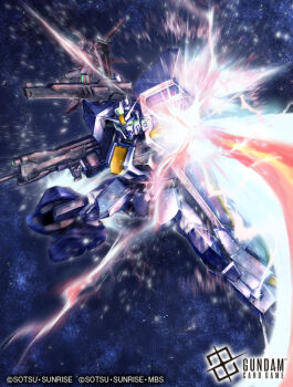 aile_strike_rouge beam_rifle card_(medium) copyright_logo copyright_name copyright_notice duel_gundam energy_gun gundam gundam_card_game gundam_seed holding holding_weapon logo mecha mobile_suit no_humans official_art robot soezy strike_rouge v-fin weapon zaft_(gundam)