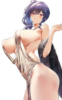 1girl absurdres azur_lane bare_shoulders blue_hair breasts dress earrings evening_gown feather_boa grin hair_ornament hand_up highres hiiragi_yuuichi jewelry large_breasts looking_at_viewer necklace no_bra official_alternate_costume parted_lips plunging_neckline red_eyes revealing_clothes side_ponytail sideboob silver_dress simple_background smile solo st._louis_(azur_lane) st._louis_(luxurious_wheels)_(azur_lane) thighs white_background