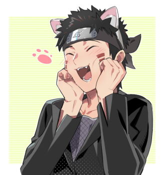 1boy animal_ears black_hair black_shirt cat_ears closed_eyes fake_animal_ears forehead_protector inuzuka_kiba konohagakure_symbol littleb long_sleeves male_focus naruto_(series) naruto_shippuuden ninja open_mouth shirt smile solo spiked_hair upper_body