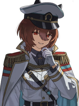 1girl agnes_tachyon_(umamusume) aiguillette animal_ears black_necktie black_shirt brown_hair cape chemical_structure collared_shirt commentary ear_covers ears_through_headwear english_commentary epaulettes gloves hair_between_eyes hat horse_ears horse_girl horseshoe jacket long_sleeves looking_at_viewer medium_hair military_hat military_uniform necktie okimoto parted_lips peaked_cap red_eyes shirt simple_background smile solo umamusume upper_body white_background white_gloves white_jacket