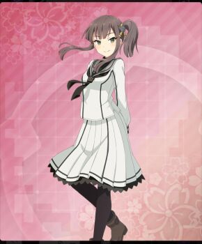 Rule 34 | 1girl, arms behind back, ayanokouji martial arts school uniform, black neckerchief, black pantyhose, black shirt, blunt bangs, blunt ends, boots, breasts, brown boots, brown hair, dot nose, double-parted bangs, floating hair, floral background, foot out of frame, game cg, green eyes, hair ornament, hair ribbon, knee up, long sidelocks, long sleeves, looking at viewer, neckerchief, official art, pantyhose, pink background, ribbon, school uniform, serafuku, shirt, short hair with long locks, side ponytail, sidelocks, skirt, small breasts, solo, suzumoto hana, third-party source, toji no miko, toji no miko: kizamishi issen no tomoshibi, white serafuku, white shirt, white skirt, yellow ribbon