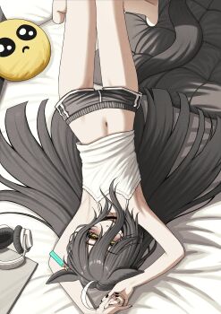 1girl absurdres ahoge animal_ears bags_under_eyes barefoot black_hair black_nails black_shorts blunt_ends camisole commentary dolphin_shorts ear_tag flat_chest headphones highres horse_ears horse_girl horse_tail jewelry lobsteranian long_hair lying manhattan_cafe_(umamusume) midriff navel on_back paid_reward_available parted_lips ring shorts solo tail umamusume unworn_headphones upside-down white_camisole white_hair yellow_eyes