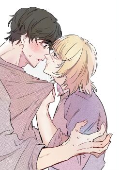 2boys absurdres badeni black_hair blonde_hair blush brown_shoes chi.:_chikyuu_no_undou_ni_tsuite clothes_grab highres imminent_kiss long_sleeves looking_at_another male_focus medium_hair multiple_boys oczy parted_lips scar scar_on_face scar_on_mouth scar_on_nose shirt_grab shoes short_hair sweatdrop upper_body white_background yaoi yo_shi_365