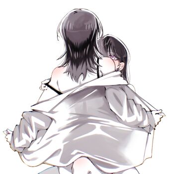 2girls bang_dream! bang_dream!_it&#039;s_mygo!!!!! black_bra bra bra_pull brown_hair clothes_pull doki_(oox3o) highres long_hair multiple_girls purple_eyes shiina_taki shirt simple_background strap_slip underwear undressing white_background white_shirt yahata_umiri yuri