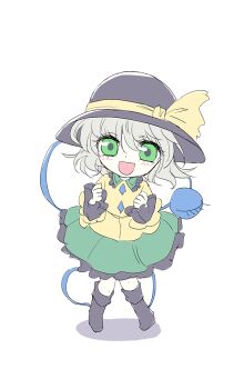 1girl :d animated animated_gif black_boots black_hat blush boots bow buttons contrast_collar diamond_button frilled_shirt_collar frilled_skirt frilled_sleeves frills green_eyes green_hair green_skirt hat hat_bow heart heart_of_string jumping kaito_(kaixm) komeiji_koishi long_sleeves medium_hair one_eye_closed open_mouth shirt skirt smile solo third_eye touhou unusually_open_eyes wide_sleeves yellow_bow yellow_shirt