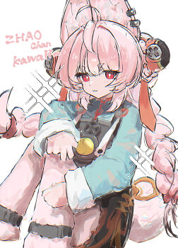1girl ahoge animal_ear_fluff animal_ear_piercing animal_ears braid bright_pupils furry furry_female hair_ornament highres long_hair looking_at_viewer opuricheri pink_fur pink_hair rabbit_ears rabbit_girl red_eyes shirt short_eyebrows solo thick_eyebrows twin_braids white_pupils zenless_zone_zero zhao_(zenless_zone_zero)