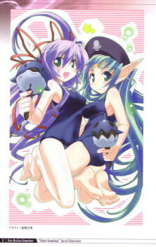 00s 2girls :o al_azif_(demonbane) aqua_hair artbook ass barefoot between_thighs blush demonbane elsa feet frottage green_eyes green_hair hair_ribbon hat kurashima_tomoyasu long_hair long_pointy_ears looking_back multiple_girls one-piece_swimsuit pointy_ears purple_hair ribbon scan school_swimsuit soles swimsuit thighs toes very_long_hair water_gun