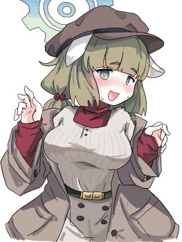 1girl :d animal_ears belt black_belt blue_archive blue_halo breasts brown_dress brown_hair brown_hat brown_jacket brown_skirt commentary_request dog_ears dress flat_cap green_eyes hair_ribbon halo hand_on_own_hip hand_up hat highres holding holding_pen jacket large_breasts layered_sleeves long_hair long_sleeves looking_at_viewer low_twintails open_clothes open_jacket open_mouth pen puffy_long_sleeves puffy_sleeves red_shirt ribbon shirt short_eyebrows short_twintails simple_background skirt sleeves_past_wrists smile solo sweatdrop tachikaze_miyako thick_eyebrows turtleneck turtleneck_shirt twintails upper_body v-shaped_eyebrows white_background white_shirt yakumo_(blue_archive)
