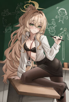 1girl absurdres alternate_costume alternate_hairstyle black_bra black_pantyhose black_shoes black_skirt blonde_hair blue_archive blush bra breasts closed_mouth collared_shirt crossed_bangs doodle_sensei_(blue_archive) doumu_(31678316) fluffy_hair green_eyes halo high_heels highres holding holding_pointer id_card long_hair looking_at_viewer miniskirt navel open_clothes open_shirt pantyhose pencil_skirt pointer ponytail professor_niyaniya_(blue_archive) professor_niyaniya_(teacher)_(blue_archive) sensei_(blue_archive) shirt shoes sidelocks skirt small_breasts smile solo stomach underwear white_shirt yellow_halo