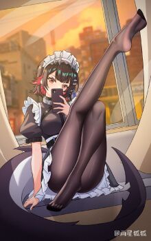 1girl apron black_dress black_hair black_pantyhose breasts cellphone chinese_commentary colored_inner_hair commentary_request dress ellen_joe feet fins fish_tail frills hair_ornament highres holding holding_phone indoors leg_up legs looking_at_viewer maid maid_headdress multicolored_hair no_shoes pantyhose phone puffy_short_sleeves puffy_sleeves red_eyes red_hair shark_tail short_hair short_sleeves sitting smartphone solo tail two-tone_hair user_dnuw5788 virtual_youtuber window zenless_zone_zero