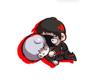 Rule 34 | 2boys, adachi tooru, beliadada, black hair, black jacket, black pants, chibi, chibi only, commentary request, formal clothes, full body, grey eyes, grey hair, hand on another's chest, jacket, korean commentary, looking at another, lying, male focus, multiple boys, narukami yu, necktie, on back, pants, persona, persona 4, red necktie, school uniform, shaded face, short hair, simple background, suit, white background, yasogami school uniform