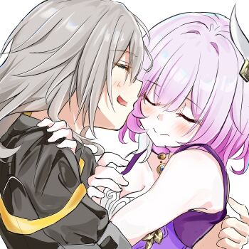 2girls absurdres ajft52o4jw30403 black_coat blush breasts cleavage coat commentary_request cyrene_(aedes_elysiae)_(honkai:_star_rail) cyrene_(honkai:_star_rail) dress grabbing_another&#039;s_breast grey_hair groping highres honkai:_star_rail honkai_(series) jewelry multiple_girls necklace pink_hair purple_coat short_hair simple_background small_breasts stelle_(honkai:_star_rail) trailblazer_(honkai:_star_rail) white_background white_dress