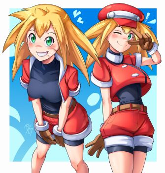 1girl absurdres belt black_bodysuit blonde_hair blue_background blush bodysuit bodysuit_under_clothes border breasts brown_belt brown_gloves closed_mouth commentary cowboy_shot cropped_jacket dilan_griz double-parted_bangs english_commentary gloves green_eyes hat heart highres jacket looking_at_viewer medium_breasts medium_hair mega_man_(series) mega_man_legends_(series) one_eye_closed open_clothes open_jacket outside_border red_hat red_jacket red_shorts roll_caskett_(mega_man) short_sleeves shorts smile solo white_border