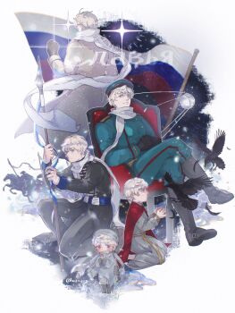 5boys age_progression artist_name axis_powers_hetalia baggy_pants beak belt bird bird_wings black_boots black_gloves black_jacket black_pants blue_belt blue_hat blue_jacket blue_pants blush boots border buttons cape chair child clenched_hand closed_mouth coat commentary covered_mouth crossed_legs crow english_commentary feathered_wings feathers floating_clothes from_behind full_body gloves grass grey_coat grey_hat grey_pants grey_robe half-closed_eyes hat highres holding holding_polearm holding_weapon jacket long_sleeves looking_at_animal male_focus military_hat military_jacket military_uniform multiple_boys multiple_persona on_chair outside_border own_hands_together pants peaked_cap polearm purple_eyes red_cape robe russia_(hetalia) russian_flag scarf seiza sitting snowing soviet_army space sparkle spear sputnik standing star_(sky) starry_sky_background tearing_up vampiryprpr weapon white_border white_hair white_scarf wings yellow_belt