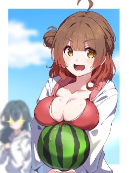 Rule 34 | + +, 2girls, ahoge, bikini, blue sky, blush, breast rest, breasts, bright pupils, brown hair, carried breast rest, carrying, cleavage, cloud, collarbone, commentary request, day, excited, food, fruit, gakuen idolmaster, hair bun, hanami ume, highres, hood, hooded jacket, hyoe (hachiechi), idolmaster, jacket, jacket over swimsuit, kimi to semi blue (idolmaster), large breasts, looking at another, looking at viewer, multiple girls, outdoors, red bikini, single side bun, sky, smile, solo focus, sweat, swimsuit, tsukimura temari, watermelon, white jacket, white pupils, yellow eyes