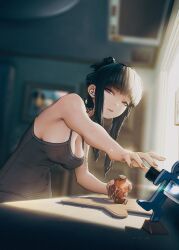 Rule 34 | 1girl, absurdres, airpods, apple, arm tattoo, bare arms, bare shoulders, black hair, blunt bangs, butterfly tattoo, d (killer wife) (nikke), d (nikke), dongtan dress, dress, fingernails, food, fruit, goddess of victory: nikke, grey dress, highres, holding, holding food, holding fruit, leaning forward, long hair, meme attire, nail polish, oclet, official alternate costume, open mouth, reaching, red eyes, sidelocks, solo, standing, tattoo, wireless earphones