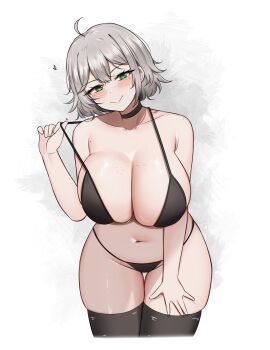 1girl absurdres ahoge bikini black_bikini black_choker black_thighhighs blush body_freckles borrowed_character breast_freckles breasts choker cleavage closed_mouth collarbone commentary cropped_legs double-parted_bangs english_commentary freckles green_eyes grey_hair head_tilt highres huge_breasts looking_at_viewer navel original short_hair simple_background skindentation smile solo swimsuit thick_thighs thighhighs thighs white_background yukaraishin