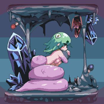 1boy 1girl animated animated_gif aoihitsuji assertive_female between_breasts blush breasts cave crystal green_hair hetero jaggy_lines lamia large_breasts looping_animation monster_girl original pixel_art rape restrained sex size_difference snake snake_girl snake_tail tail underground