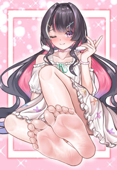 1girl absurdres azki_(hololive) barefoot black_hair blush chrochlomyl feet highres hololive long_hair looking_at_viewer multicolored_hair one_eye_closed purple_eyes smile soles streaked_hair toes